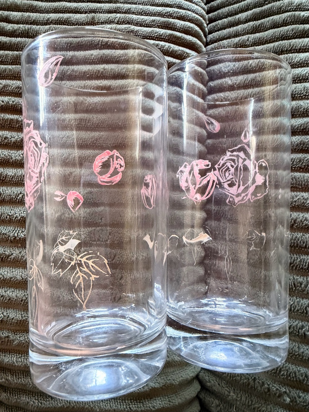 VTG Highball Glass Cylinder Vases with Pink Rose Motif - Set of 2